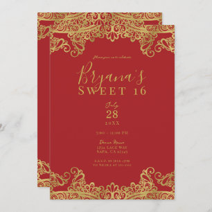 Red & Gold Lace Elegant Sweet 16 Party Einladung