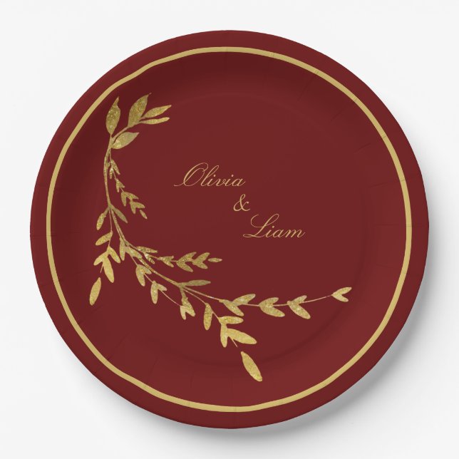 Red Gold Leaf Elegant Name Script Hochzeit Pappteller (Vorderseite)