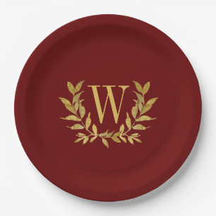 Red Gold Leaf Monogram Elegant Chic Wedding Pappteller