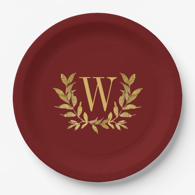 Red Gold Leaf Monogram Elegant Chic Wedding Pappteller (Vorderseite)