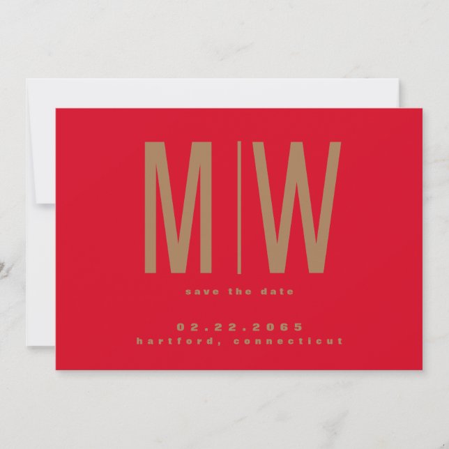 Red & Gold Lg. Monogram Wedding Save the Date (Vorderseite)