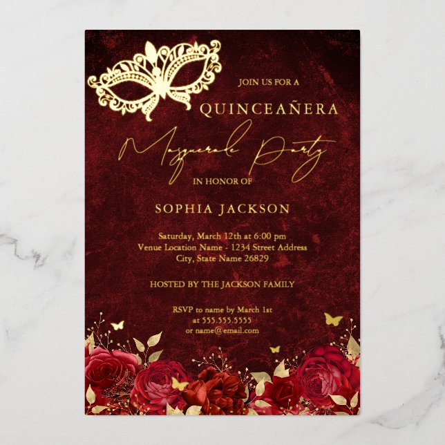Red Gold Masquerade Party Rose Quinceanera Folieneinladung (Vorderseite)