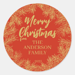 Red Gold Modernes Botanisches Elegantes Weihnachts Runder Aufkleber