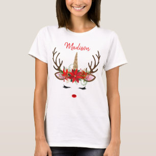 Red & Gold Monogram Weihnachts-Einhorn-Rentier T-Shirt