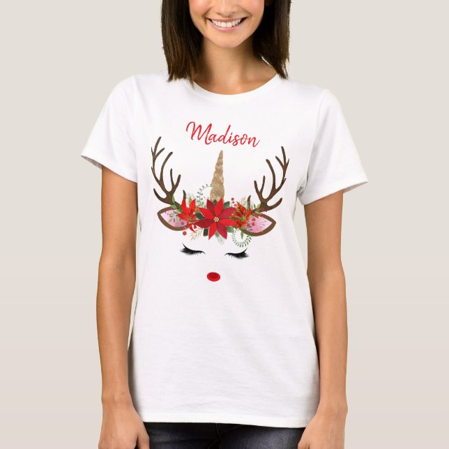Red & Gold Monogram Weihnachts-Einhorn-Rentier T-Shirt (Vorderseite)