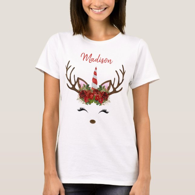 Red & Gold Monogram Weihnachts-Einhorn-Rentier T-Shirt (Vorderseite)