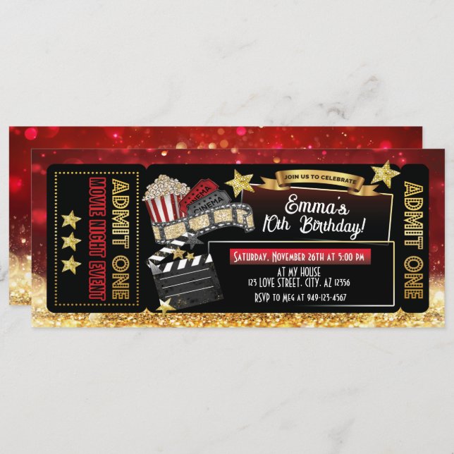Red & Gold Movie Ticket Geburtstagsparty Einladung (Vorne/Hinten)