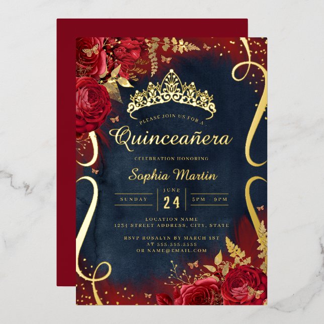 Red Gold Navy Floral Scroll Quinceanera Folieneinladung (Vorderseite/Rückseite)