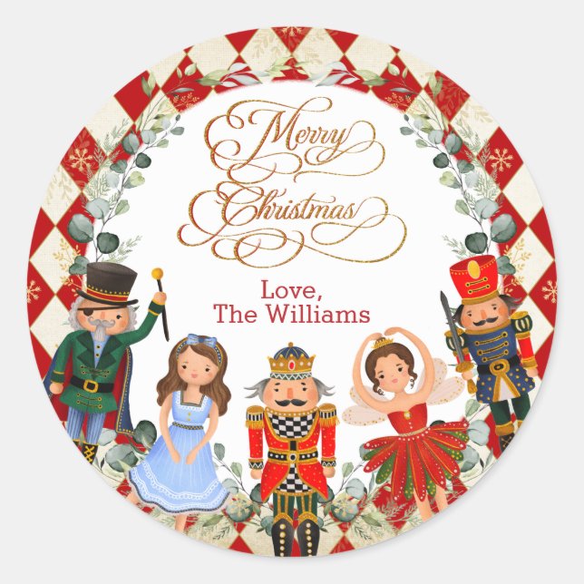 Red Gold Nutcracker Frohe Weihnachts-Gastgeschenke Runder Aufkleber (Vorderseite)