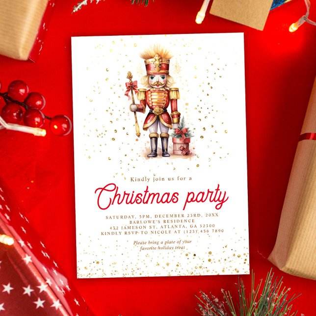 Red Gold Nutcracker Weihnachts-Party Einladung (Red Gold Nutcracker Christmas Party Invitation)