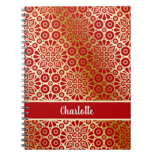 Red gold oriental pattern script monogram notizblock