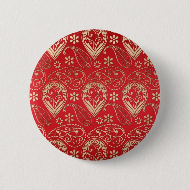 Red Gold Paisley Bandana Muster Button (Vorderseite)
