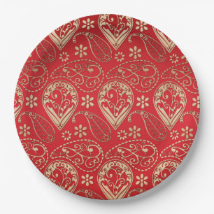 Red Gold Paisley Bandana Muster Pappteller