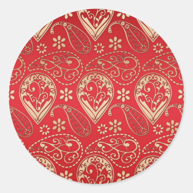 Red Gold Paisley Bandana Muster Runder Aufkleber (Vorderseite)