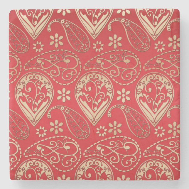 Red Gold Paisley Bandana Muster Steinuntersetzer (Vorderseite)