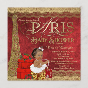 Red Gold Paris Ethnic Girl Baby Dusche Einladung
