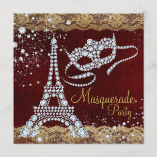 Red Gold Paris Masquerade Party Einladung