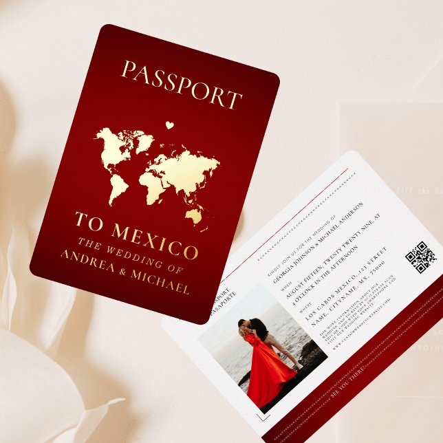 Red Gold Passport Reisen Hochzeit in Urlaubsort Re Folieneinladung (Von Creator hochgeladen)