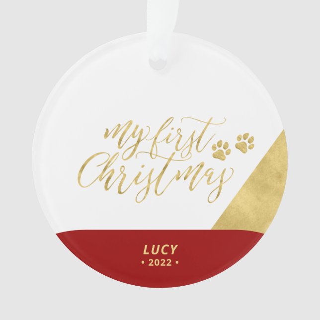 Red & Gold Pet Hund Erstes Weihnachtsfest Foto Orn Ornament (Vorderseite)
