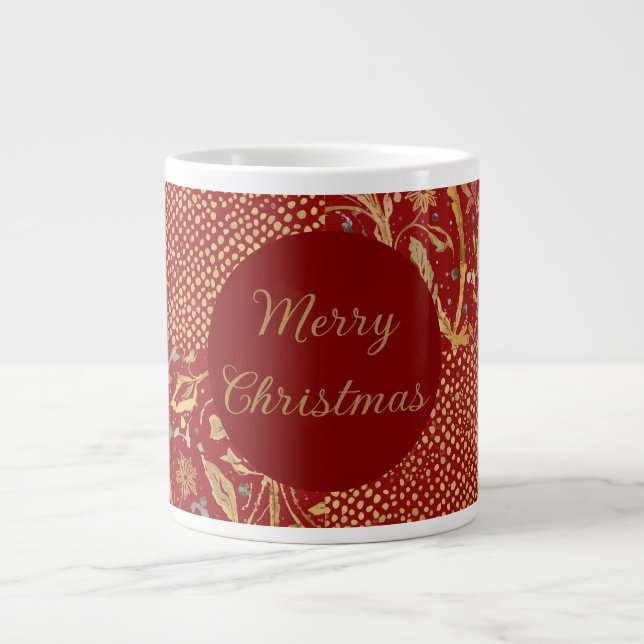 Red Gold Pixels and Flowers, Gold Merry Christmas Jumbo-Tasse (Vorderseite)