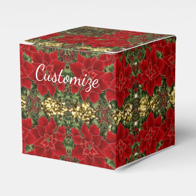 Red & Gold Poinsettia Pattern Cube Fevor Box Geschenkschachtel (Vorderseite)