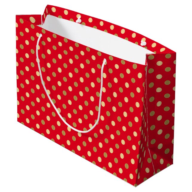 Red & Gold Polka Punkte Nahtloses Muster Große Geschenktüte (Rückseite Schrägansicht)
