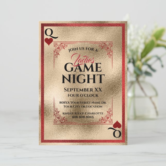 Red & Gold Queen of Hearts Ladys Game Night Einladung (Stehend Vorderseite)
