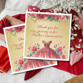 Red Gold Quinceañera Dress Event Partyware Serviette