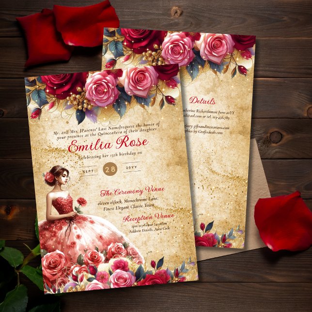 Red Gold Quinceanera Dress Vintages Parcheme Thema Einladung (Von Creator hochgeladen)