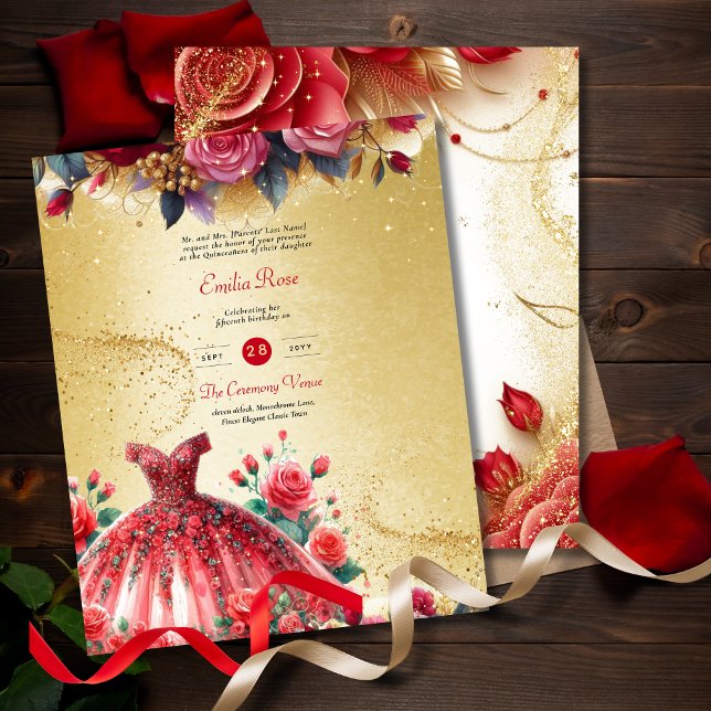 Red Gold Quinceanera Dress Zeremonie Empfang (Von Creator hochgeladen)