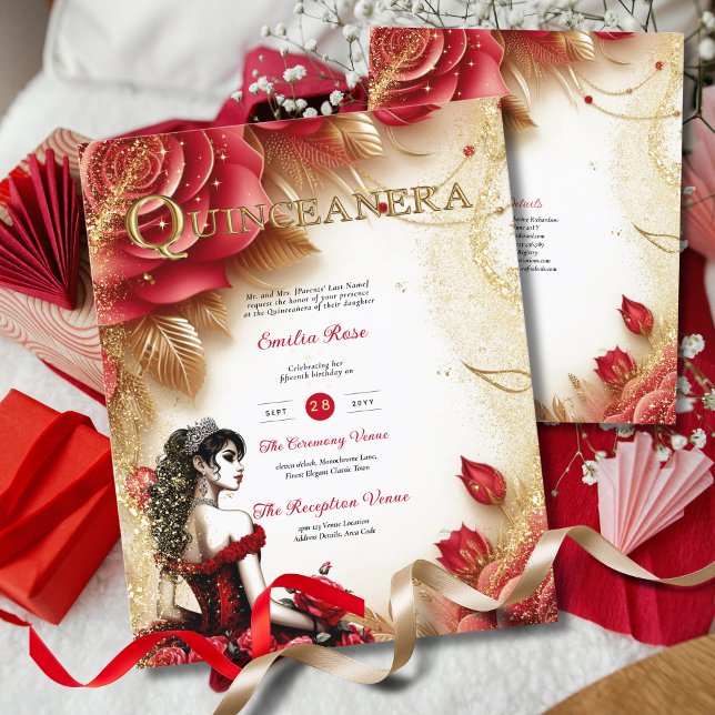 Red Gold Quinceanera Dress Zeremonie Empfang (Von Creator hochgeladen)