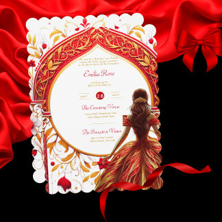 Red Gold Quinceanera Dress Zeremonie Empfang Einladung