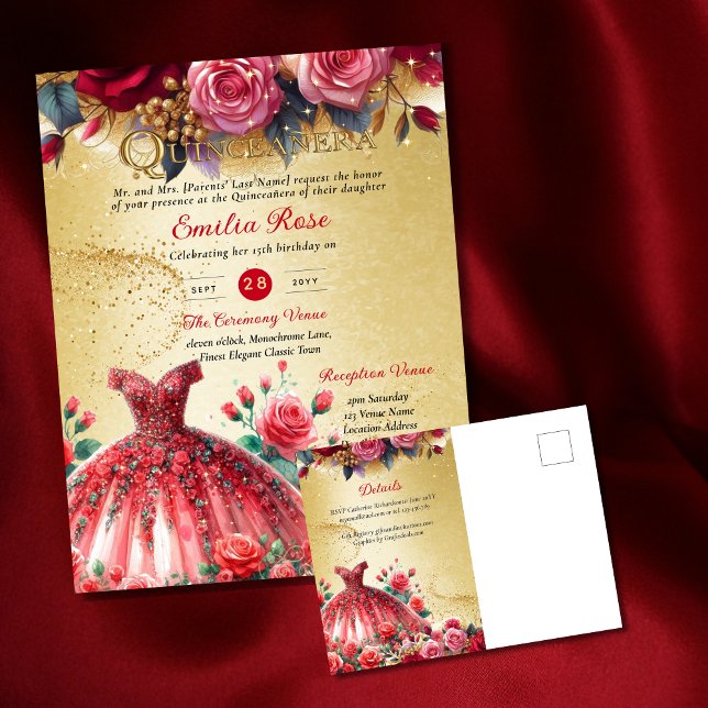 Red Gold Quinceanera Dress Zeremonie Empfang Postkarte (Von Creator hochgeladen)