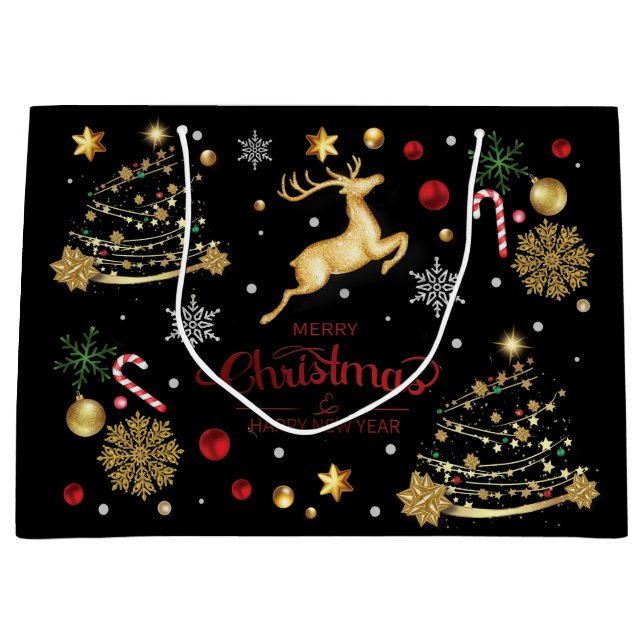 Red Gold Rentier Frohe Weihnachtsbaum Große Geschenktüte (Vorderseite)