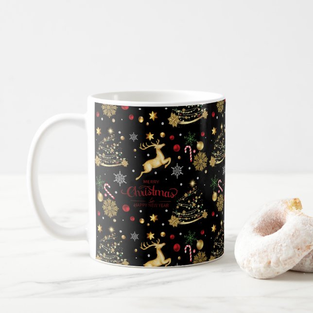 Red Gold Rentier Frohe Weihnachtsbaum Kaffeetasse (Mit Donut)