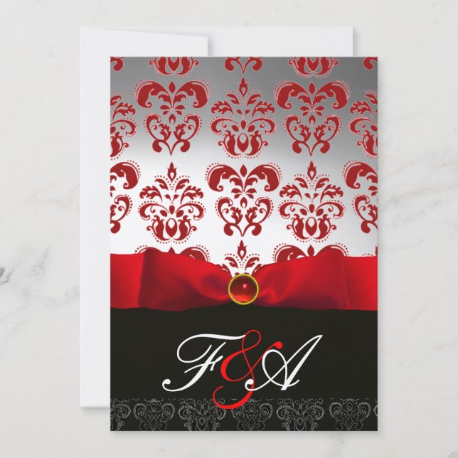 RED GOLD RIBBON & BLACK DAMASK MONOGRAMM Ruby Einladung (Vorderseite)