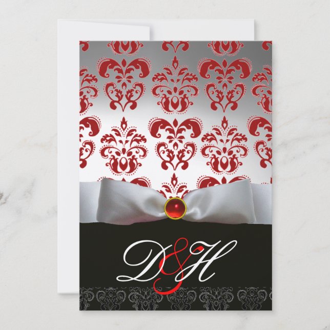 RED GOLD RIBBON & BLACK DAMASK MONOGRAMM Ruby Einladung (Vorderseite)
