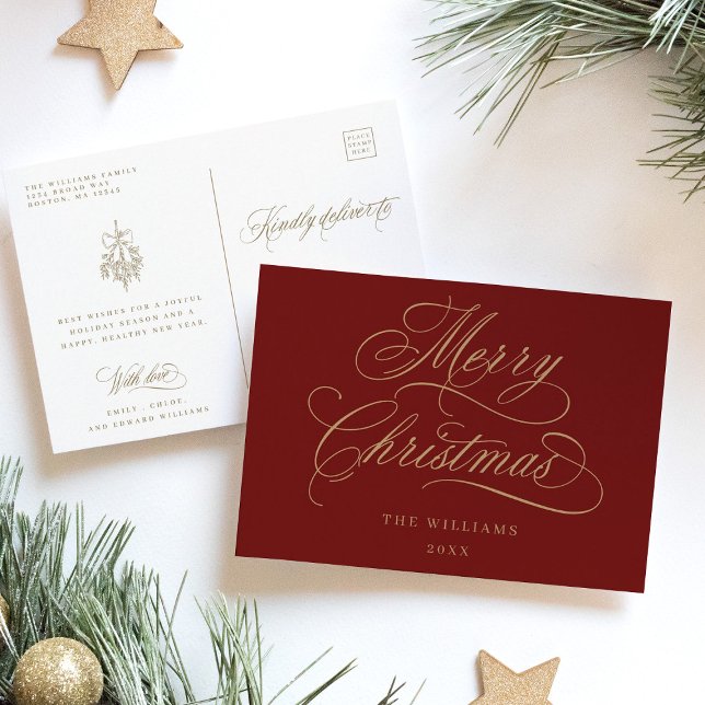 Red & Gold Romantic Frohe Weihnachts-Script-Urlaub Postkarte (Front & Back)