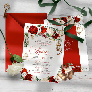 Red Gold Rose Butterfly Flora Elegantes Quinceañer Einladung
