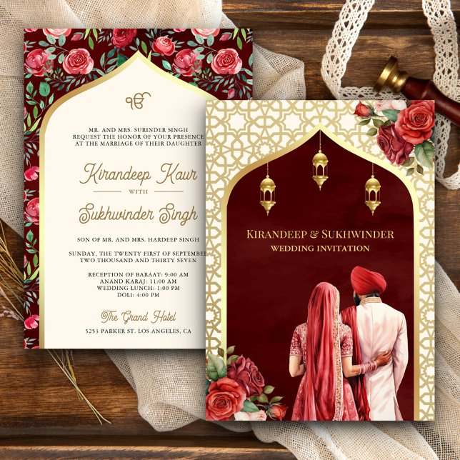 Red Gold Rose Floral Anand Karaj Sikh Wedding Einladung (Von Creator hochgeladen)