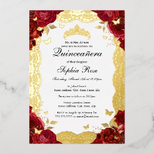 Red Gold Rose Lace Butterfly Quinceanera Geburtsta Folieneinladung