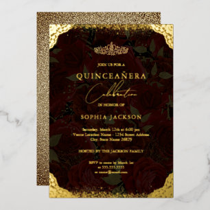 Red Gold Rose Tiara Quinceanera Folieneinladung