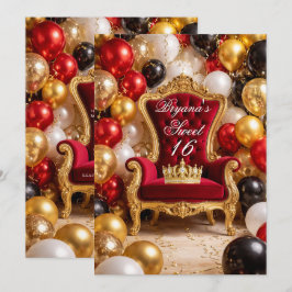 Red & Gold Royal Chair & Crown Birthday Party Einladung