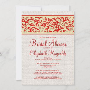 Red Gold Rustic Burlap Linen Brautparty lädt ein Einladung