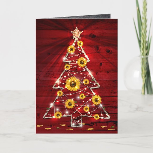 Red Gold Rustic Sonnenblumen Weihnachtsbaum Urlaub Karte (Vorderseite)