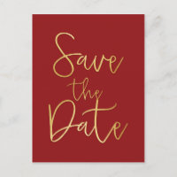 Red & Gold SAVE THE DATE Moderne Script Postcard