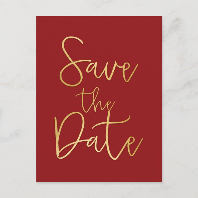 Red & Gold SAVE THE DATE Moderne Script Postcard Ankündigungspostkarte (Vorderseite)