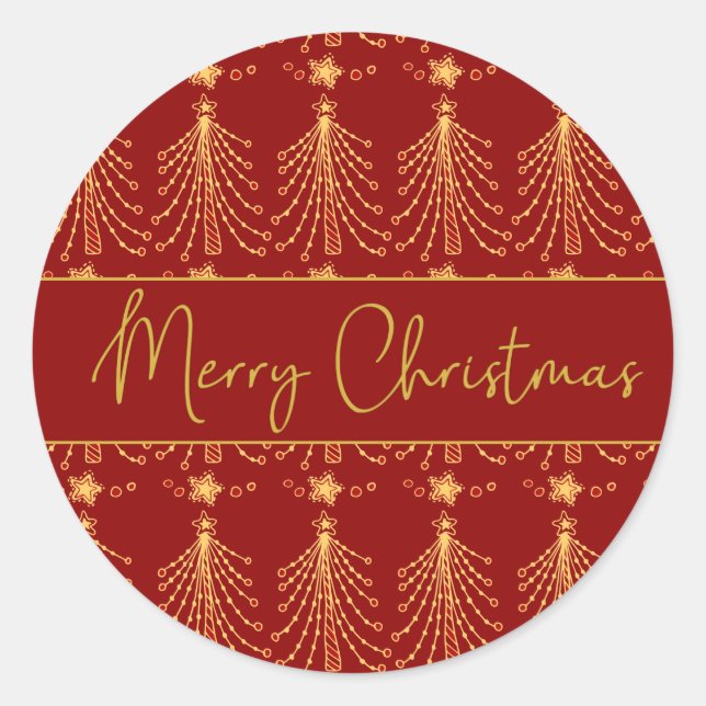 Red & Gold Script Christmas Tree Lights Pattern Cl Runder Aufkleber (Vorderseite)