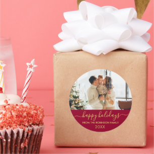 Red Gold Script Familie Foto Happy Holidays Runder Aufkleber