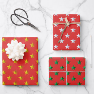 Red Gold Silver Green Stars Urlaub Geschenkpapier Set